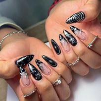 24PCS Gothic Dark Black Almond Press on Nails Silver 3D Flowers Star Sweet Cool French Fake Nails High-quality Wearable Manicure