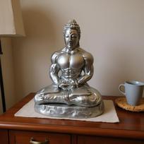Muscular Buddha Statue Silver Silver-Toned Seated Resin Ornament