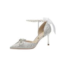 Silver High Heels Fairy 18-year-old Bar Mitzvah Crystal Wedding Shoes Bridal Shoes French Stiletto Not Tired Feet Single Shoes 34 sidabras