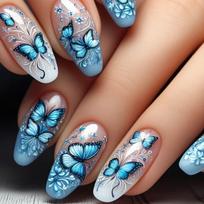 24Pcs Medium Coffin Press On Nails, Nude with Blue Gradient & Butterfly Flower Fake Nails for Elegant Women United States