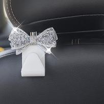Car Headrest Hooks Shiny Rhinestone Bow Ornament Super Load Bearing Sturdy Universal Auto Hangers for Groceries Handbags Clothes A
