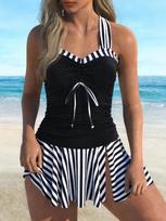 Stripe Drawstring Split Slit Skort Modest Bikini Set Elegant Comfortable Swimwear S