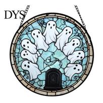 Creative Halloween Souvenirs Stained Glass Suncatcher Ornament, Vintage Hanging Window Decor with Pumpkin Ghost Bat Witch Moonlit Wall Hangings B