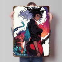 Anime Catgirl With Katana Tinplate Poster Customized Wall Art Vintage Metal Signs Retro Tin Plaque for Decoration Room Man Cave 20X30CM