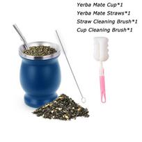 304 Stainless Steel Yerba Mate Cup 8oz Double Wall Argentine Yerba Mate Gourd With Bombillas and Cleaning Brush mėlyna