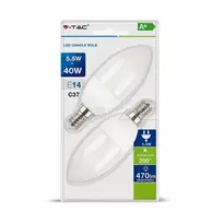 V-tac 5,5W LED lemputė, E14, žvakės formos, 2700K, 2vnt pakuotėje