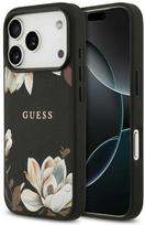 Guess Grained Flowers Classic Logo MagSafe dėklas skirtas Apple iPhone 17 Pro juodos spalvos