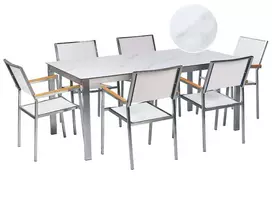 Sodo baldų komplektas 6 asmenims COSOLETO/GROSSETO Baltas marmuras Grūdintas stiklas Marmuro efektas