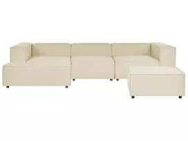 Trijų vietų modulinė kampinė sofa APRICA, sintetinio lino audinys, smėlio spalvos, su dešinine otomane