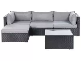 Sodo kampinė sofa su staliuku 4 asmenims SANO dešininė, juoda, technoratanas