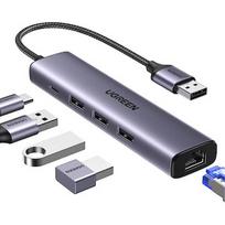 Ugreen 5w1 USB-A do 3x USB 3.0 + RJ45 + USB-C (srebrny) 60554