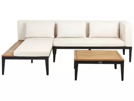 Sodo kampinė sofa su staliuku 3 asmenims BRACCIANO dešininė smėlio spalvos Sertifikuota akacijos mediena