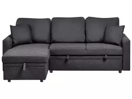Išskleidžiamas trijų vietų kampinė sofa NASSJO, sintetinis linas, juoda, dešininė
