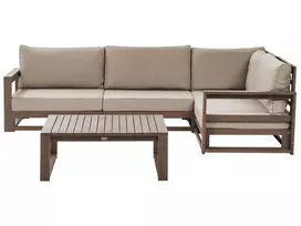 Sodo kampinė sofa su stalu 4 asmenims TIMOR kairinė tamsiai ruda iš sertifikuotos akacijos medienos modulinė