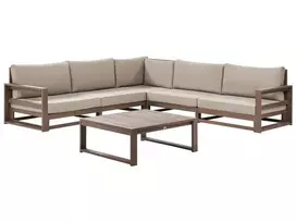 Sodo kampinė sofa su stalu 5 asmenims TIMOR Tamsiai ruda Sertifikuota akacijos mediena Modulinė