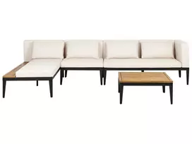 Sodo kampinė sofa su staliuku 4 asmenims BRACCIANO dešininė, šviesiai smėlio spalvos, sertifikuota akacijos mediena