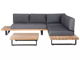 Sodo kampinė sofa su stalu 5 asmenims MYKONOS dešininė tamsiai pilka, sertifikuota akacijos mediena