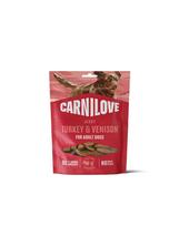 CARNILOVE Dog Jerky Turkey with Venision 100g skanėstai su kalakutiena ir elniena suaugusiems šunims