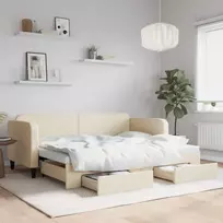 Ištraukiama lova su stalčiais, kreminė, 80x200cm, audinys