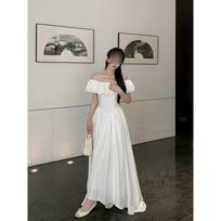 White dress women's summer temperament new long waist square collar ruffle edge one-word shoulder flying sleeve a-word skirt S- (can be worn within 45kg)