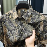 Men's Summer Hong Kong Style Loose Collar Top Men's Short Sleeved Shirt Men's Shirt 2XL chaki