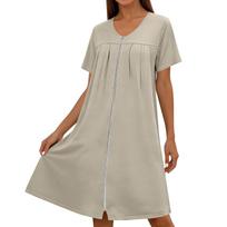 Women Short Sleeve Round Neck Zip Front Loose Fit Nightdress with Pockets Casual Home Lounge Dress Comfortable Design L smėlis