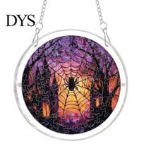 Halloween Party Hanging Props Acrylic Puzzle Window Suncatcher, Stained Glass Style Ornament Vintage Illustration with Metal Chain, Decorative S H