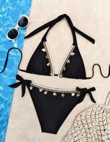 Vienos spalvos Kaklaraiščio kriauklės Seksualus Bikini Atskiras maudymosi kostiumas S juoda