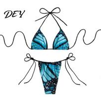 Sexy Triangle Swimsuit Women Butterfly Print Bikini Set, Halter Tie Top & Side Thong, Breathable Swimwear Two Piece Swimsuit, Beach Bathing S mėlyna
