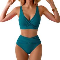 2Pcs/Set Women Bikini Set V-Neck Widened Edges Bra High Waist Tummy Control Swimming Briefs Set Patchwork Color Summer Swimwear S šviesiai mėlyna spalva