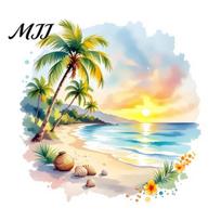 Outdoor Balcony Glass Decoration Sunset Palm Tree Seaside Wall Decal, Watercolor Summer Beach Landscape Sticker, Removable Waterproof Mural A