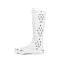 Long tube front strap side zipper long tube women's shoes rhinestone breathable hollow canvas shoes long Size 34 flat heel