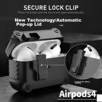 AirPods 4 Case, Shockproof Armor Shell for Fourth Generation Apple Wireless Bluetooth Earphones, Anti-Loss Smart Opening Clasp with Hook, Black