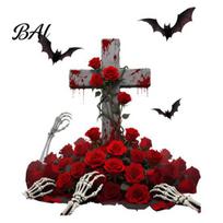 Bone Palm Pattern Glass Decor Gothic Halloween Tombstone Window Stickers, Rose Skeleton Hand Bat Pumpkin Durable Sunproof Film Decals, Waterproof A