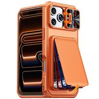 RFID Wallet Phone Case with Card Holder Sliding Camera Lens Cover and Kickstand for iPhone 17 Pro Max-Orange oranžinė