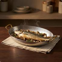 Hammered Stainless Steel Serving Pan Loop Handles Raised Rims Silver M