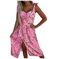 Fashion Women's  Print Sexy Tube Top Sling Waist Hem Slit Dress XL