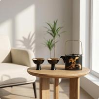 Teapot and Cups Set Dark Glazed Ceramic Tea MetalLike Accents