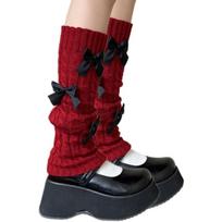 Cable Knit Stretch Leg Warmer Sleeve for Women Girls Sweet Bowknot Embellishment Leg Sleeve Boot Covers Footless Socks raudona