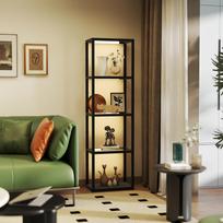 LED Floor Lamp with 4-Tier Shelf, Illuminated Shelf with 4 Glass Compartments, Foot Switch, MDF, Black 45 x 29 x 157 cm juoda