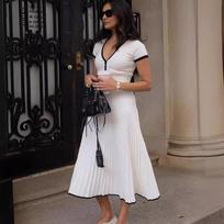 Fashion Knitted Patchwork Long Skirt Sets Women V-neck Short Sleeve Tops High Waist Midi Skirts 2 Pieces Sets Spring Summer Suits S