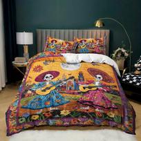 3 vnt. Boho meksikietiškas skeletas patalynės komplektas su antklodės užvalkalu Dia De Los Muertos patalynės komplektas su antklode Mirties dienos tematikos patalynės komplektas Fiesta Duvet Cover Set&EU Single(135x200cm) white