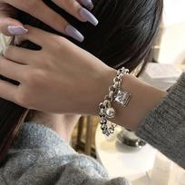 Sweet Square English Letter & Ball Thai Silver Women Bracelets Jewellery Cross Chain Halloween Gifts 19cm