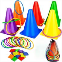 3 in 1 Soft Plastic Cones Bean Bags Ring Toss Games Carnival Games Set for Kids Birthday Party Outdoor Games 32 Pcs Combo Set blue