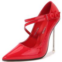 Women Velcro Strap Metal High Heel Shoes Pointed Stiletto Pumps for Office Nightclub Party Pub Host Model Catwalk Cross Dressing 35 raudona