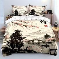 Samurai with cherry blossoms landscape Bedding Set for Kids Luxury Gift 3pcs Digital Print Comforter Set Soft Comfortable 135x200cm white