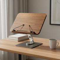 Reguliuojamas medinis knygų stovas Ergonomiškas dizainas Riešuto medienos skaitymo stovas Stabilus metalinis pagrindas Besisukantis L Rotatable beige