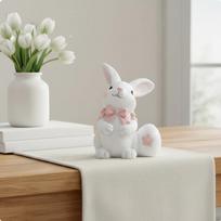 Easter Bunny Figurine Holiday Themed Pale Hare with Egg Ornament Handcrafted Look Resin Statue Bow Rabbit Place Egg