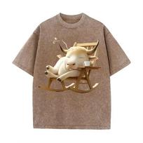 Cute Relaxing Cow Print Vintage Washed Brown Casual Animal Graphic T Shirt S