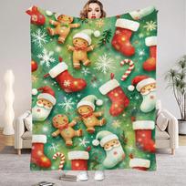 Žalias pledas Kalėdinė kojinė Meduolinis žmogutis Minkštas flanelinis pledas namų svetainei miegamojo dekoravimui Naujųjų Metų Kalėdų dovana 75x90cm